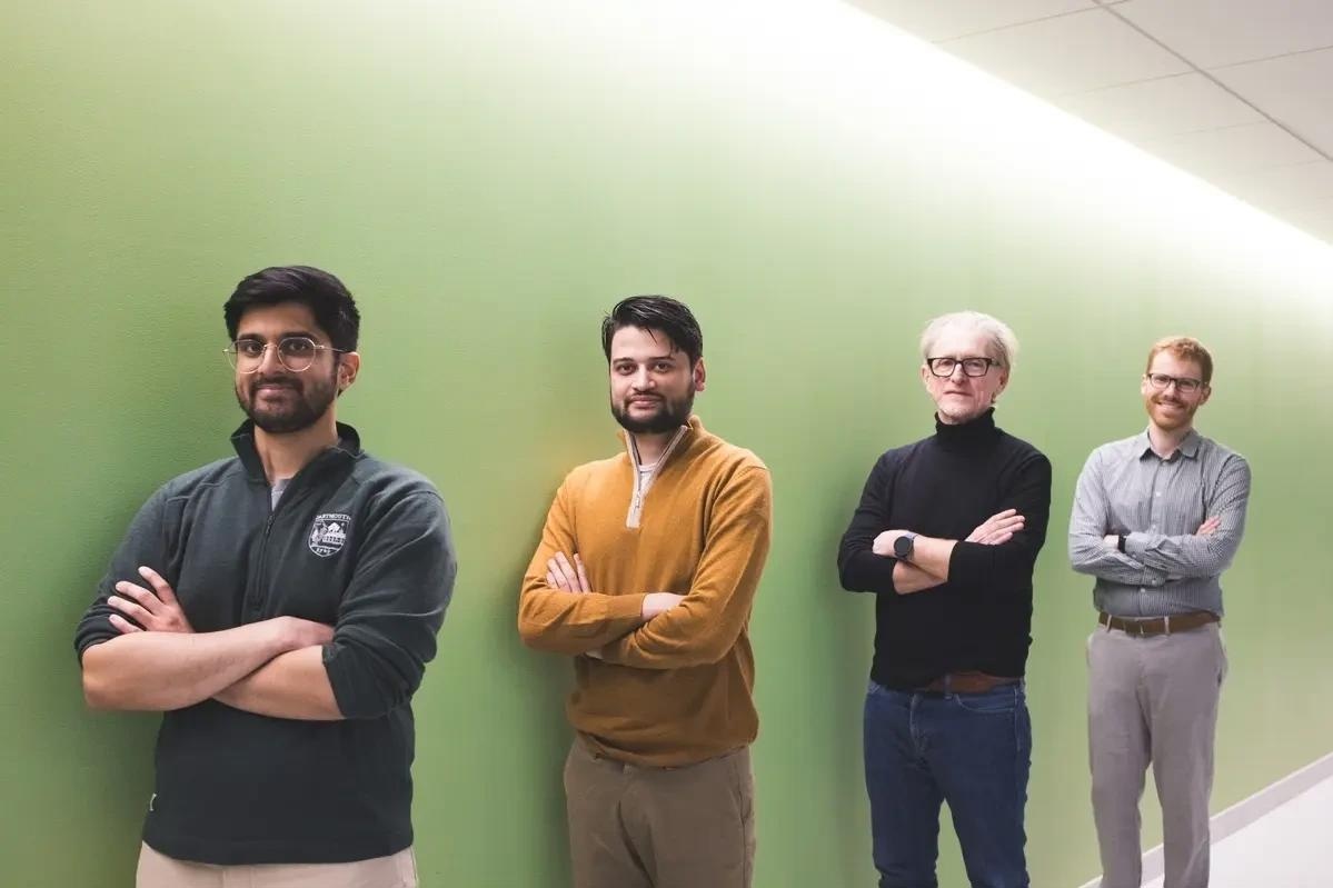 From left, Guarini PhD student Arvind Pillai and PhD candidate Subigya Nepal are co-lead authors of the study, computer science professor Andrew Campbell is a corresponding author, and Geisel professor Nicholas Jacobson is a co-author. (Photo by Katie Lenhart)