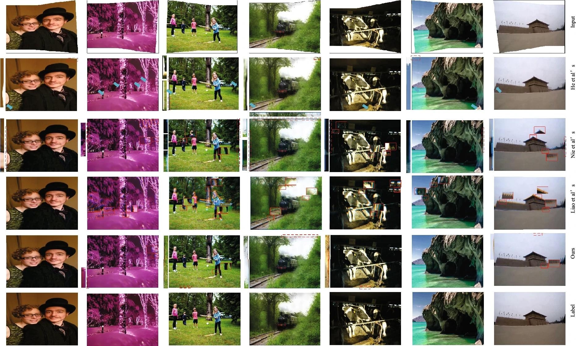The images in figure are, from left to right, from datasets 00015, 00019, 00024, 00153, 00203, 00209, and 00215 in the DIR-D test dataset, respectively. Plot of the comparison results of the nonlinear scenes for each algorithm. Blue arrows represent distortion failure regions, red rectangular boxes represent twisted and distorted regions, and red dashed boxes represent boundary residual regions. https://www.nature.com/articles/s41598-024-56589-y