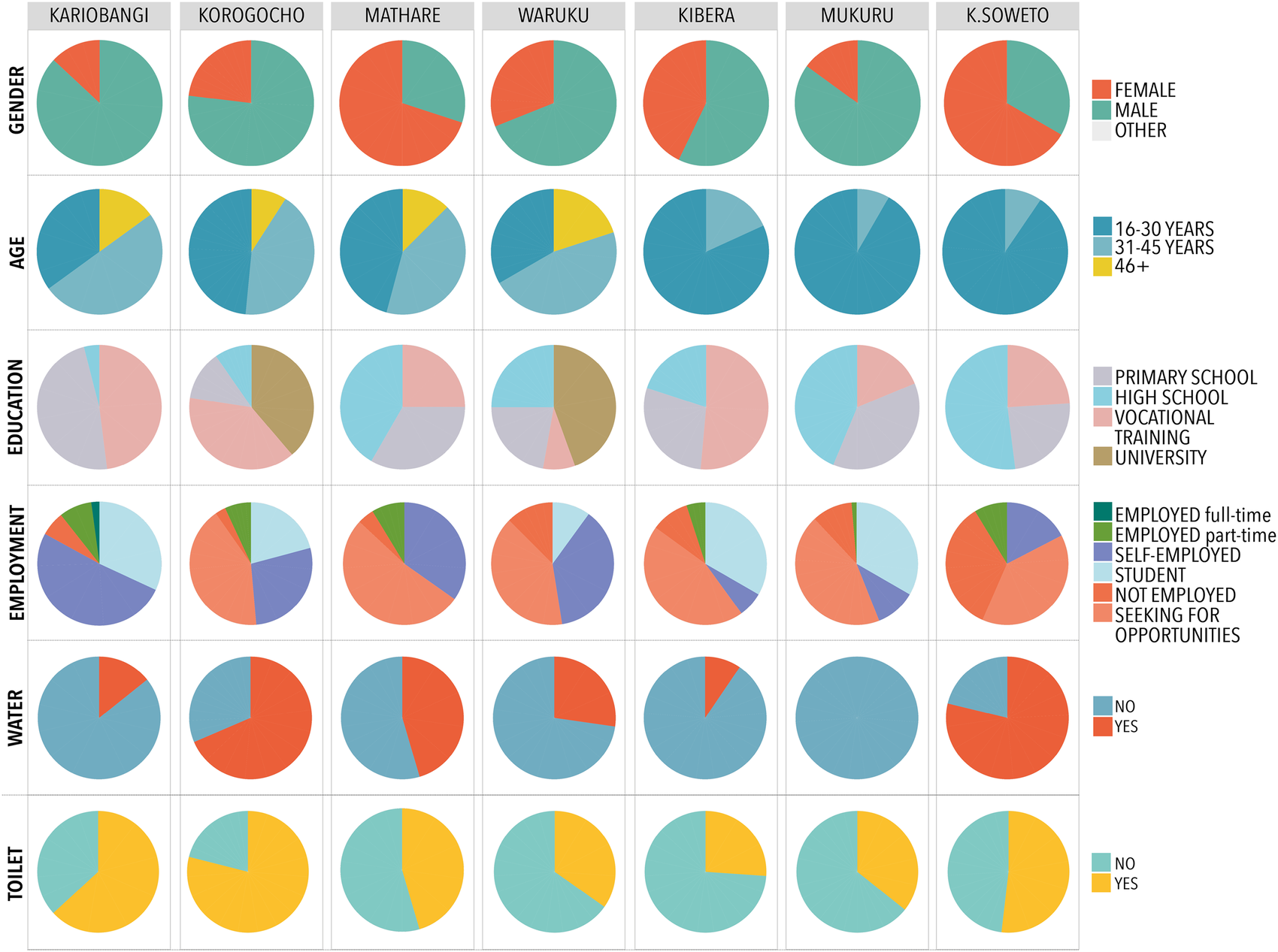 The pie charts illustrate key socio-economic indicators that define the participants’ profiles, namely their gender, age, education level, employment, access to tap water, and access to toilets. Each slum is represented in a separate column. Image Credit: https://www.nature.com/articles/s42949-024-00156-x