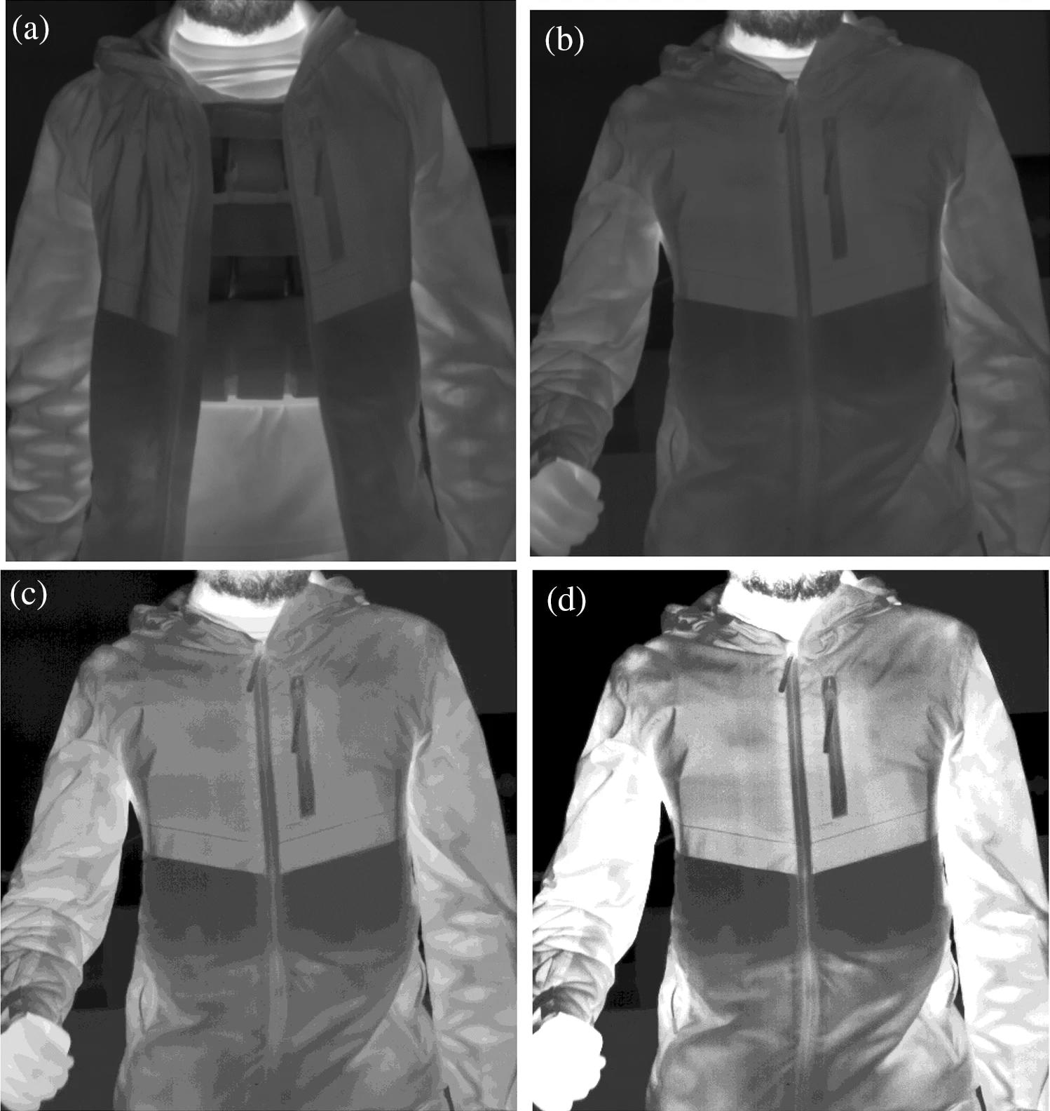 An example of a complex clothing with dissimilar materials with different emissivity. The ROI sectioned image with exposed object shown in (a), whilst the concealed object images were shown in (b) ROI sectioned, (c) K-means clustered, and (d) Fuzzy-c clustered. Image Credit: https://www.nature.com/articles/s41598-024-56636-8