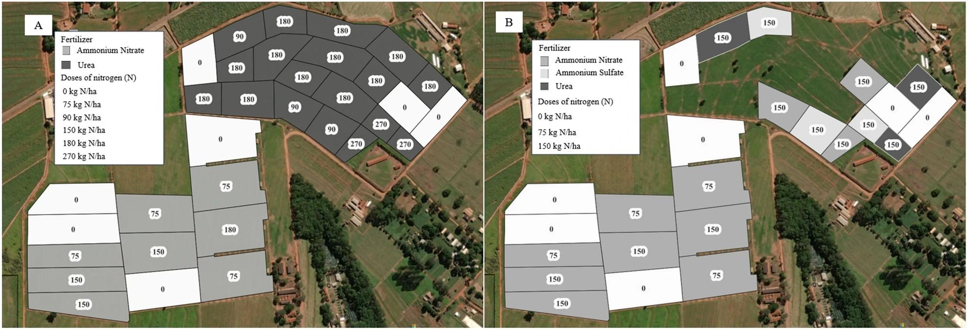 Distribution of paddocks and their nitrogen fertilization in the study area in (A) from 2016 to 2019 and (B) in 2020. 1 ha = 10.000 m2. The map was generated with the QGIS v.3.28.10 software (https://qgis.org/en/site/). Image Credit: https://www.nature.com/articles/s41598-024-59160-x