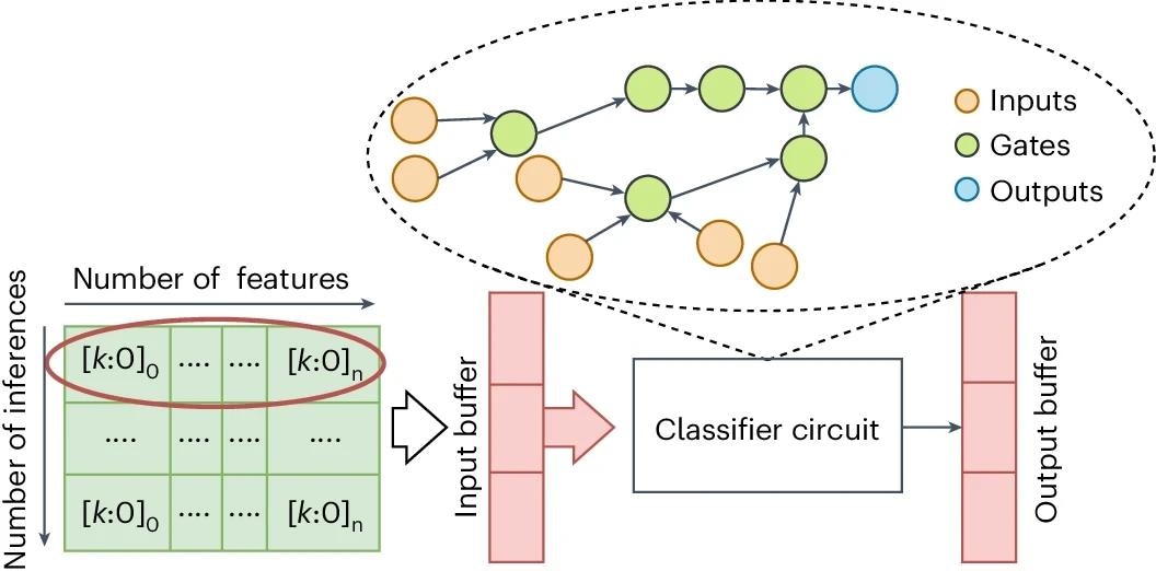 A classifier circuit as a hardware accelerator within a system. The system can be thought of as a single classification circuit unit, which leads to classification ‘guesses’. The prediction could be a single bit (binary classification) or a set of bits in the case of multiclass classification problems, which represent the encoding of the target class. Except for the actual classification circuit, the design uses buffers to hold the input and output data. The use of local buffers eliminates the data transfers within the system, keeping the required data close to the computation block. Image Credit: https://www.nature.com/articles/s41928-024-01157-5