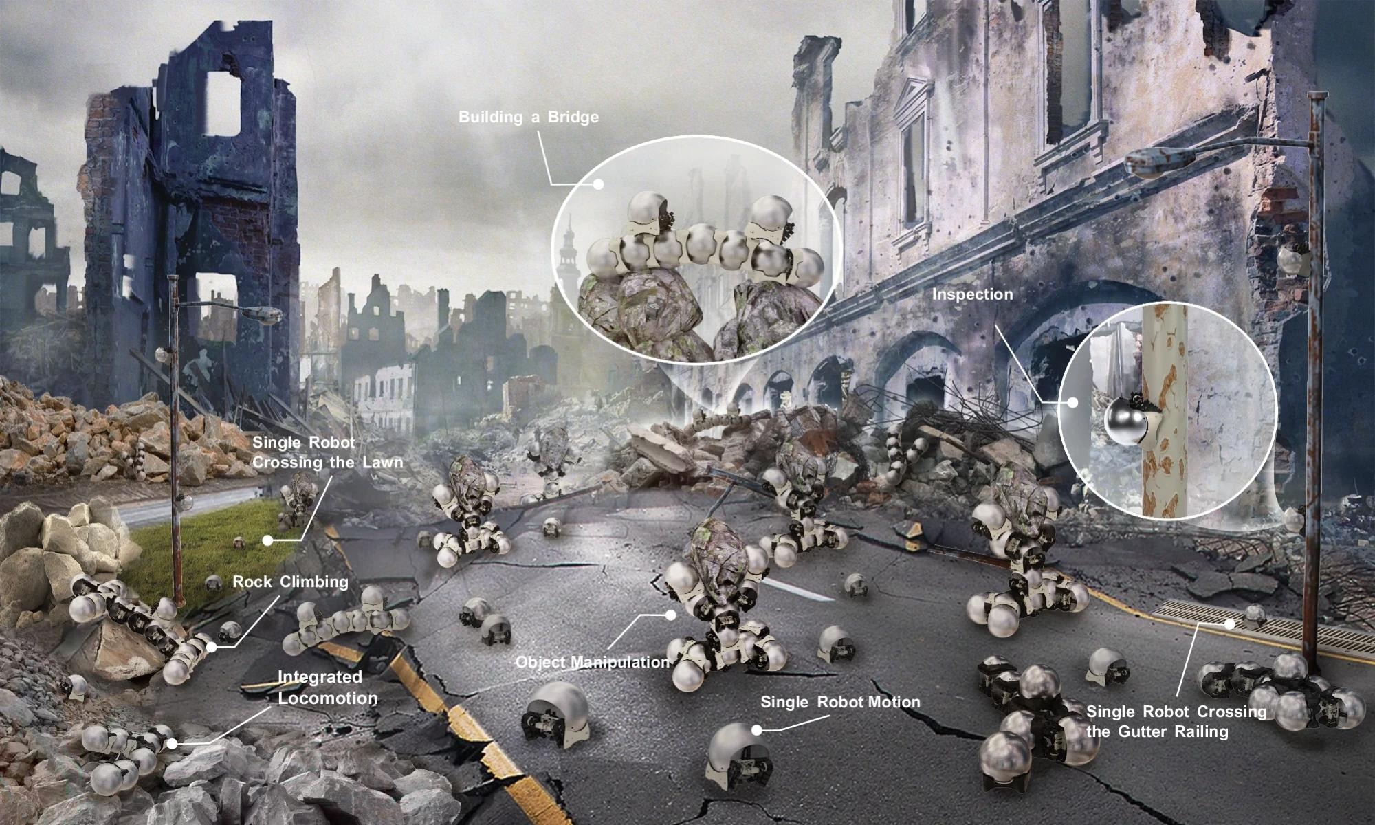 A depiction of the mission profile: A single snail robot can traverse most outdoor terrains and even climb metal poles to carry out monitoring tasks. When working together, multiple robots can effectively navigate various types of landscapes, such as step-like, trench-like, and other challenging terrains. Additionally, these robot swarms can assemble themselves into robotic arms for object manipulation (see Supplementary Movie 1). Image Credit: https://www.nature.com/articles/s41467-024-47788-2