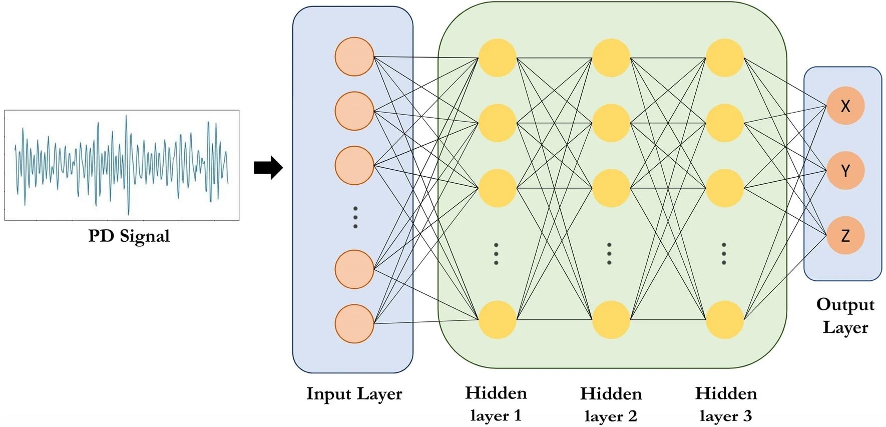 Architecture of BPNN model. The first layer is the input layer, each fully connected layer has 512 units, and the output layer estimates the x, y and z coordinates of the PD source. Image Credit: https://www.nature.com/articles/s41598-024-62527-9