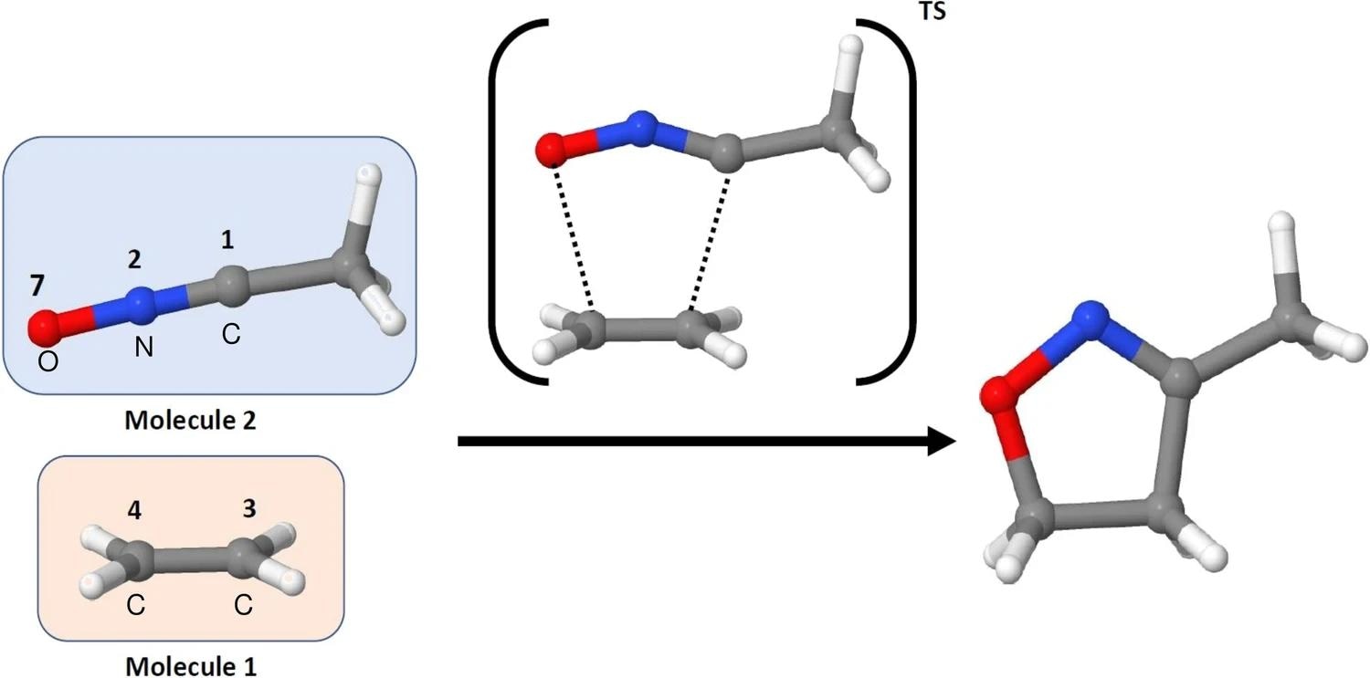 Schematic representation of the addition of acetonitrile oxide to ethylene to yield a 5-membered heterocycle, showing the transition state (TS) structure involved in the transformation. The numbers and labels of the main atoms involved in the reaction are shown. The remaining, and with the exception of the C atom in the CH3 moiety of acetonitrile oxide, are H atoms. Image Credit: https://www.nature.com/articles/s41467-024-48567-9