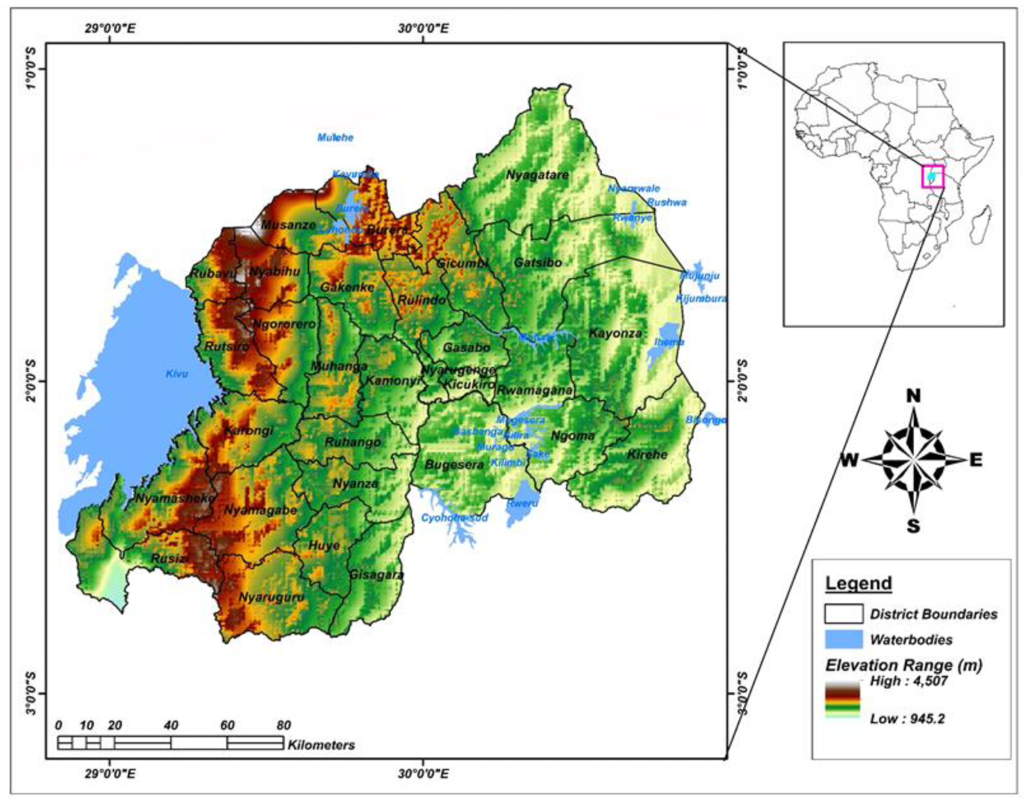 Geographical map of Rwanda with district boundaries, waterbodies, and elevation.