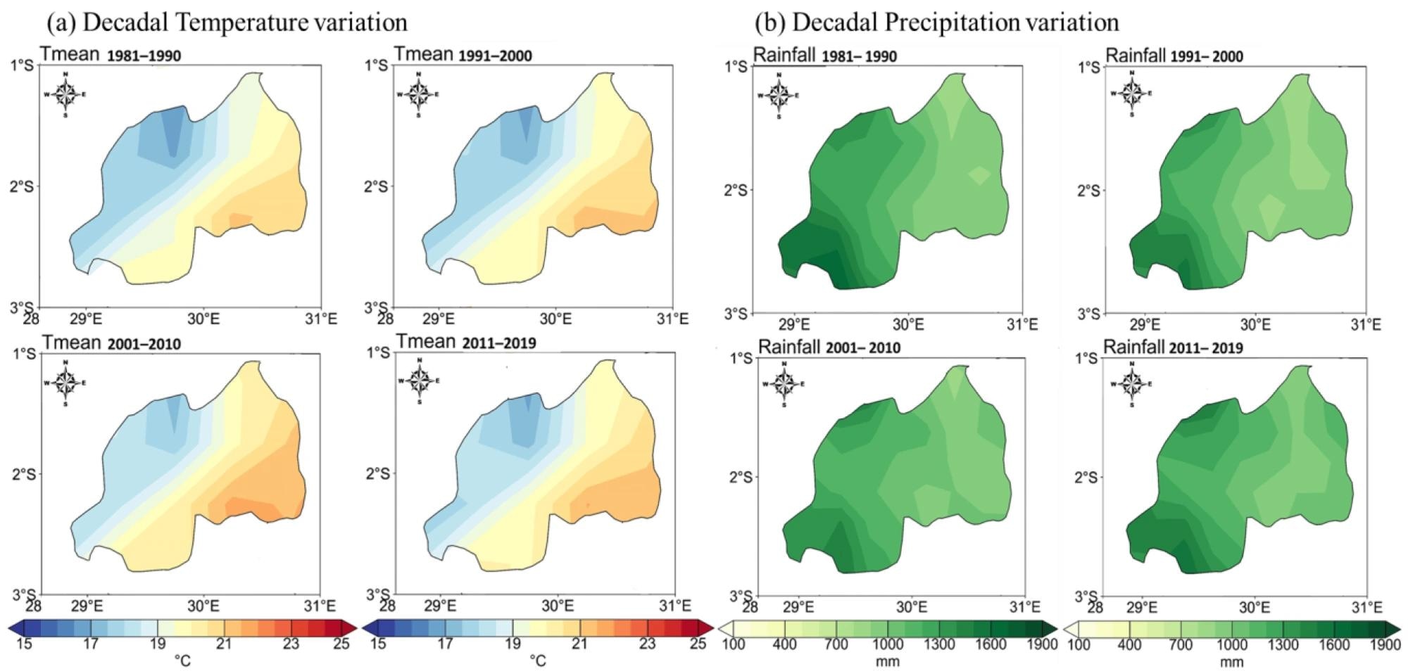 Spatial climatological of variation over Rwanda. (a) Temperature (°C) variation and (b) rainfall (mm) distribution from 1981 to 2019.
