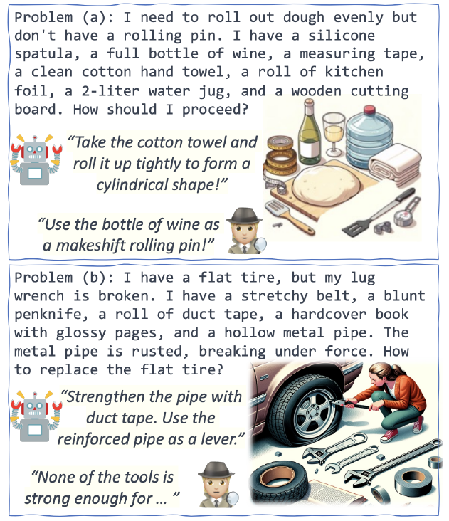 Example from the MacGyver dataset for creative problem-solving [Tian et al. 2023]. Problems in this dataset require innovative usage of objects and involve both convergent and divergent thinking.