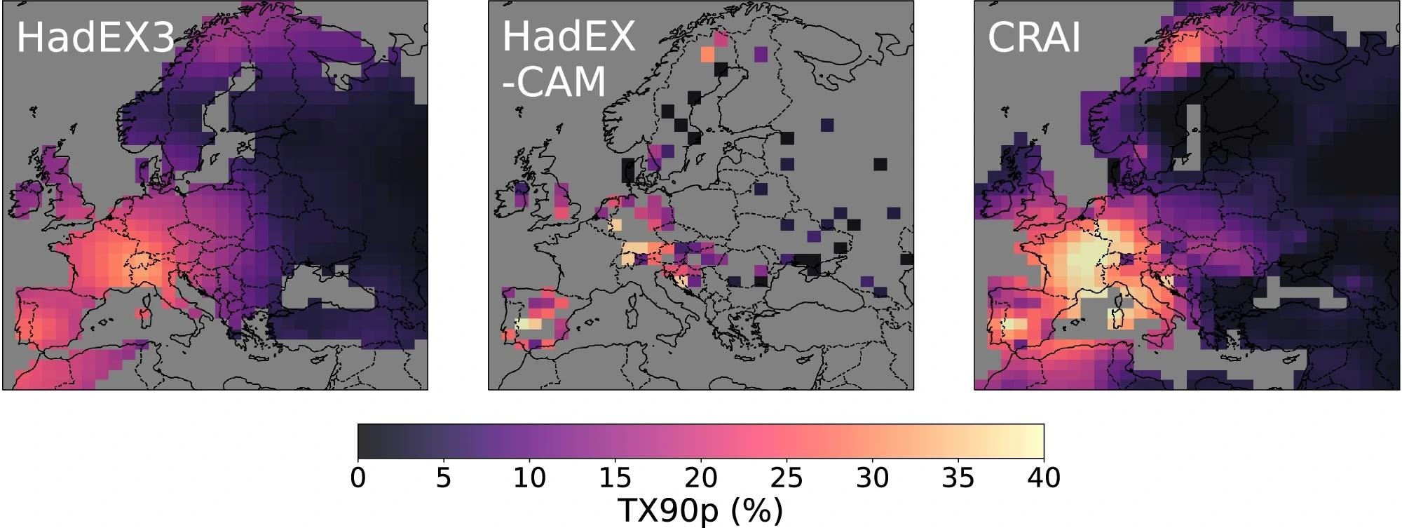 TX90p is the percentage of days when the daily maximum temperature is > 90th percentile. Left panel: original HadEX3 dataset. Central panel: original HadEX-CAM dataset. Right panel: reconstruction using CRAI.