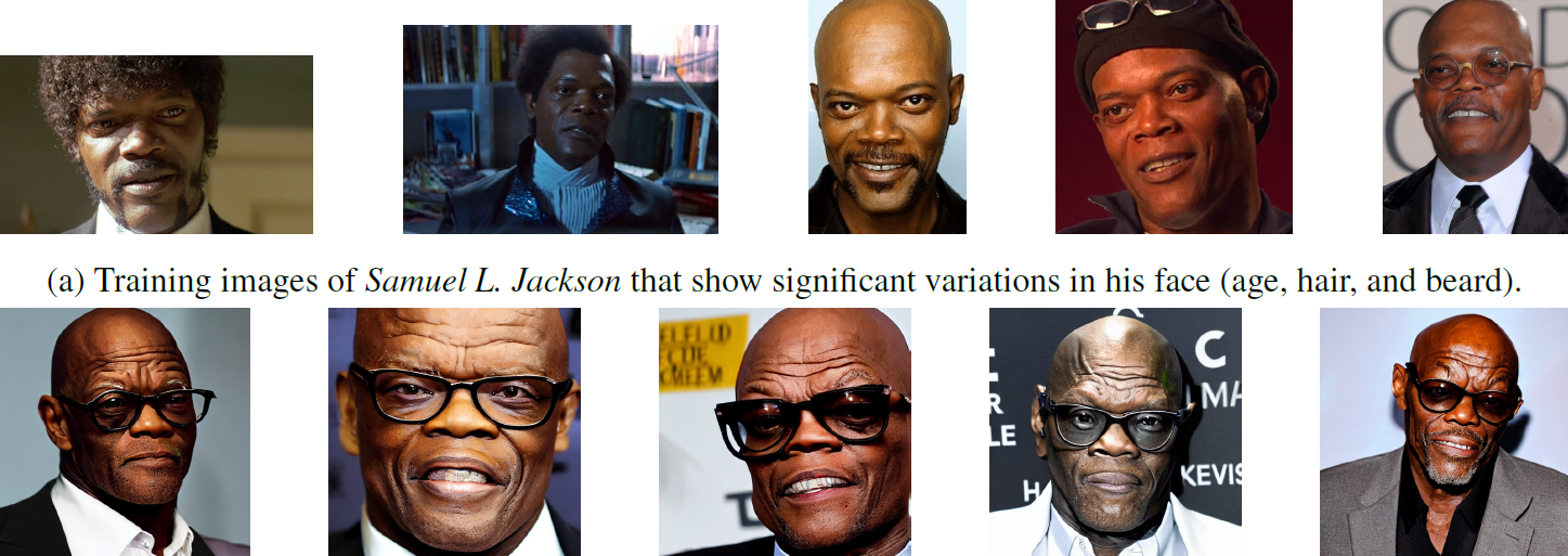 Generated images of Samuel L. Jackson that show the model has captured a specific characteristic of his face (middle-aged, bald, with no or little beard).