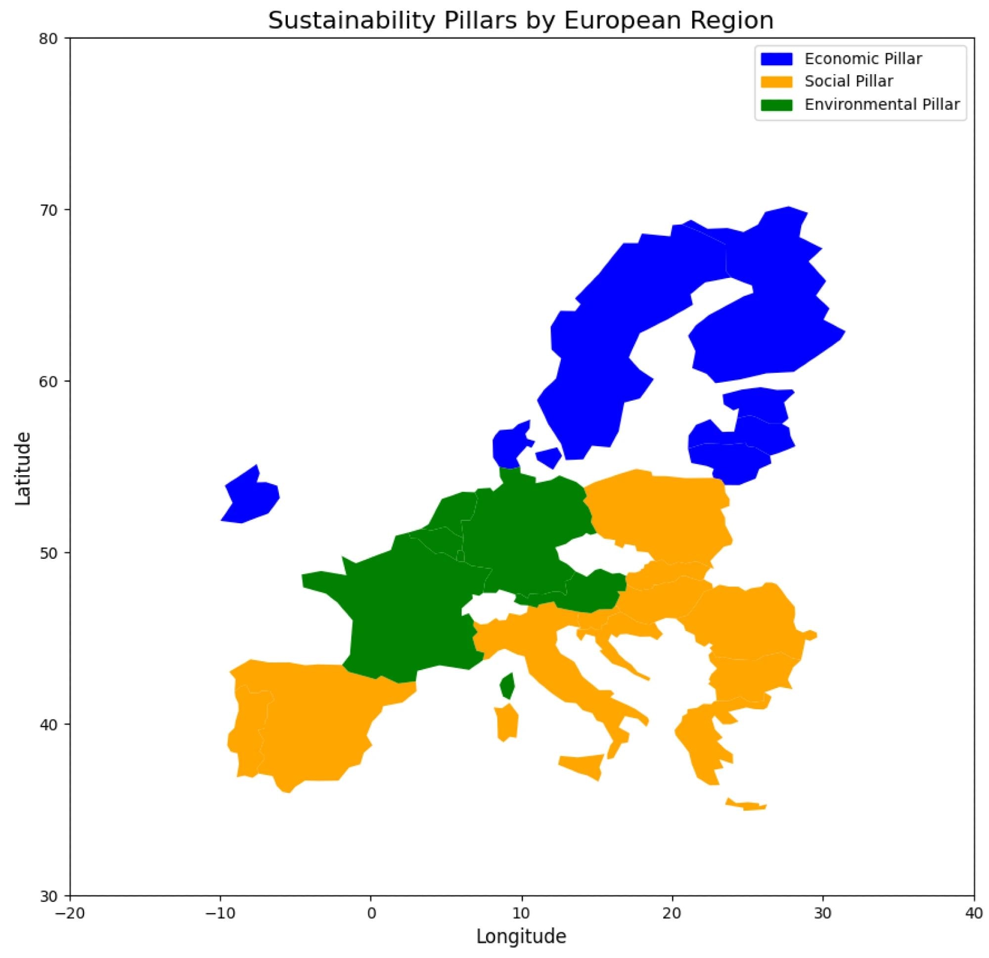 European map showing the sustainability pillars.