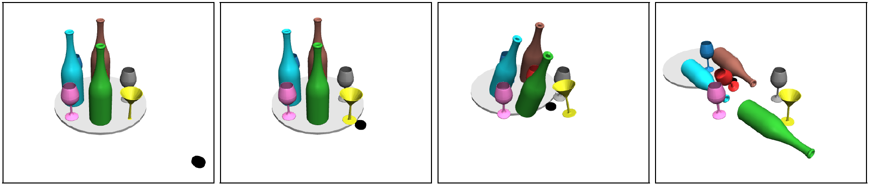 Frames from an example dynamical sequence in our TraySim dataset. The left-most frame shows the first frame of the scene with many objects on the tray and is going to be impacted by a black pusher (right-bottom). The subsequent frames show the state of the system at the 25-th, 50-th, and the 200-th time step (each step is 0.01s). Our task is for a model to reason through the dynamics of the system and predict the stability of each object on the tray at the end of the episode in a zeroshot manner, when provided as input only the first frame of the sequence.