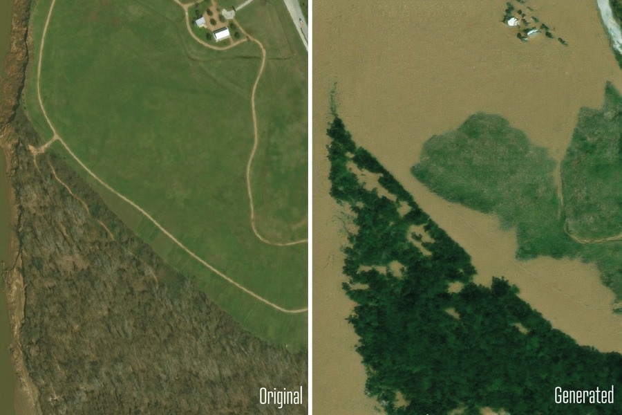 A generative AI model visualizes how floods in Texas would look like in satellite imagery. The original photo is on the left, and the AI generated image is in on the right. Credit: Pre-flood images from Maxar Open Data Program via Gupta et al., CVPR Workshop Proceedings. Generated images from Lütjen et al., IEEE TGRS.