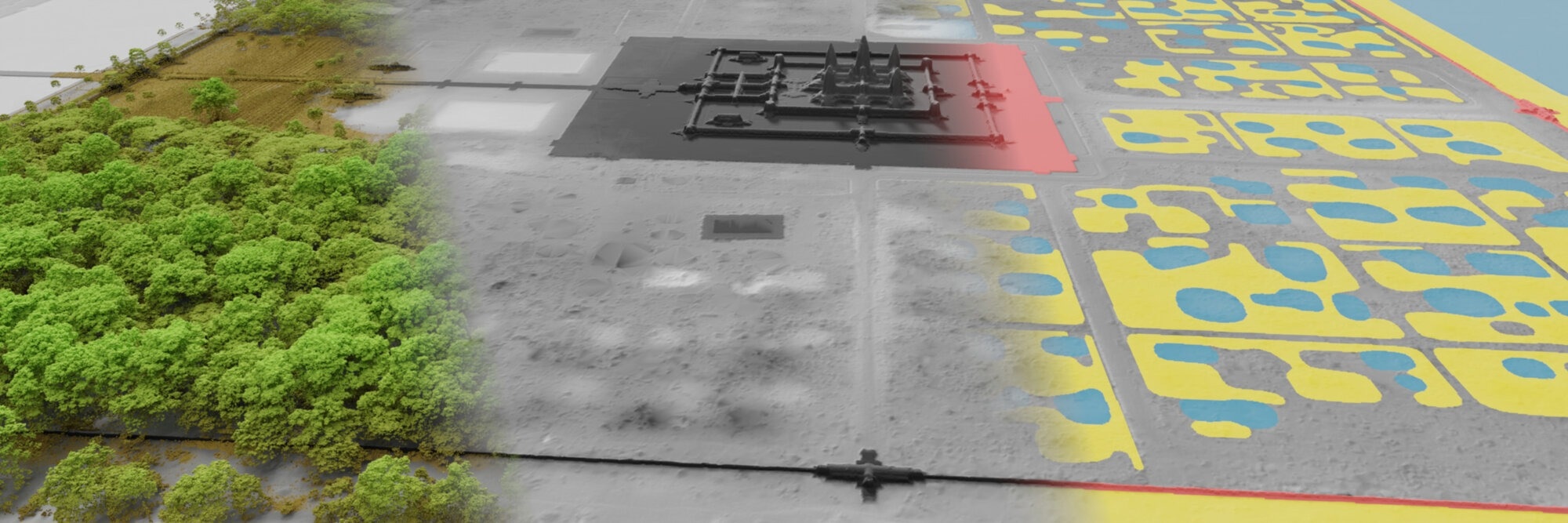 Archaeoscape. Our proposed dataset contains 888 km2 of aerial laser scans taken in Cambodia. The 3D point cloud LiDAR data (left) was processed to obtain a digital terrain model (middle). Archaeologists have drawn and field-verified 31,411 individual polygons by delineating anthropogenic features (right).