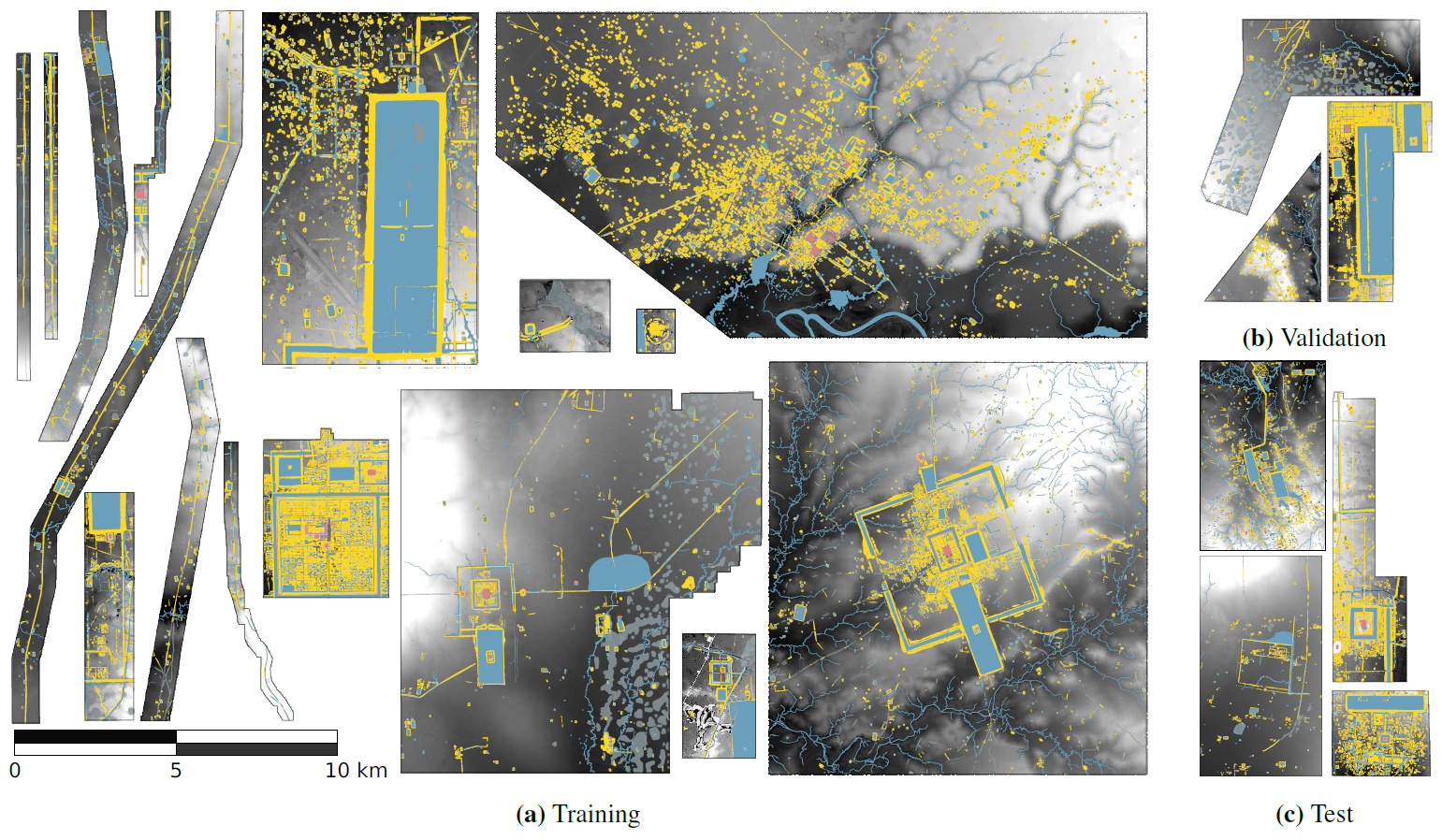 Archaeoscape overview. We show the vectorial annotations overlaid onto the relative elevation maps for each parcel, and their assignment to the training, validation or test splits. The position and orientation of the parcels is arbitrary. The geometry of the annotations has been simplified to reduce the file size of the paper. Best viewed on a computer screen.