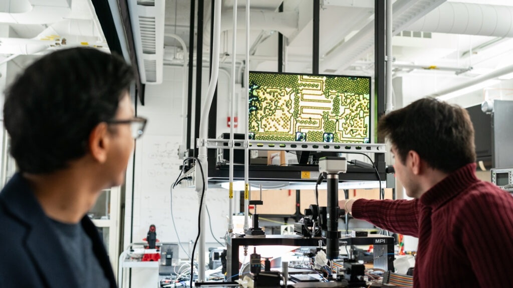 An enlarged image of the chip’s circuitry in Sengupta’s lab at Princeton.