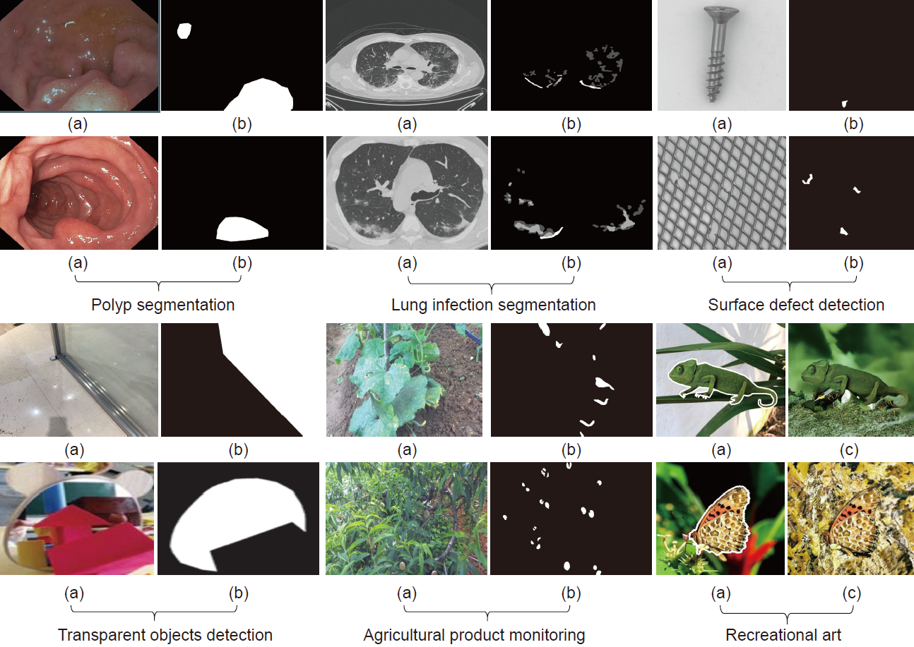 Potential applications of COD. Left to right: (a) RGB images, (b) Object-level ground-truths, (c) Generated images. Research: A Survey of Camouflaged Object Detection and Beyond