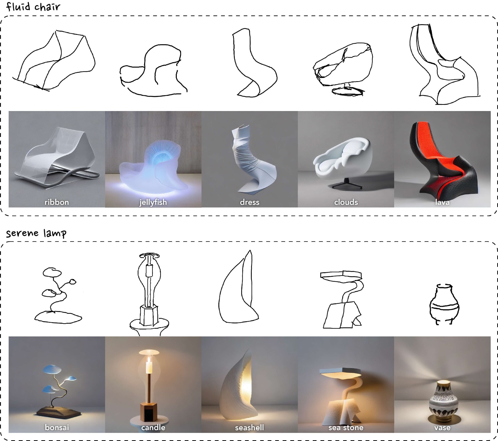 Example designs created by participants using Inkspire for the design tasks of designing a fluid chair and a serene lamp. The final participant-generated sketch is shown on the top, and the generated T2I image is shown on the bottom, along with the selected analogy word chosen by the participant.