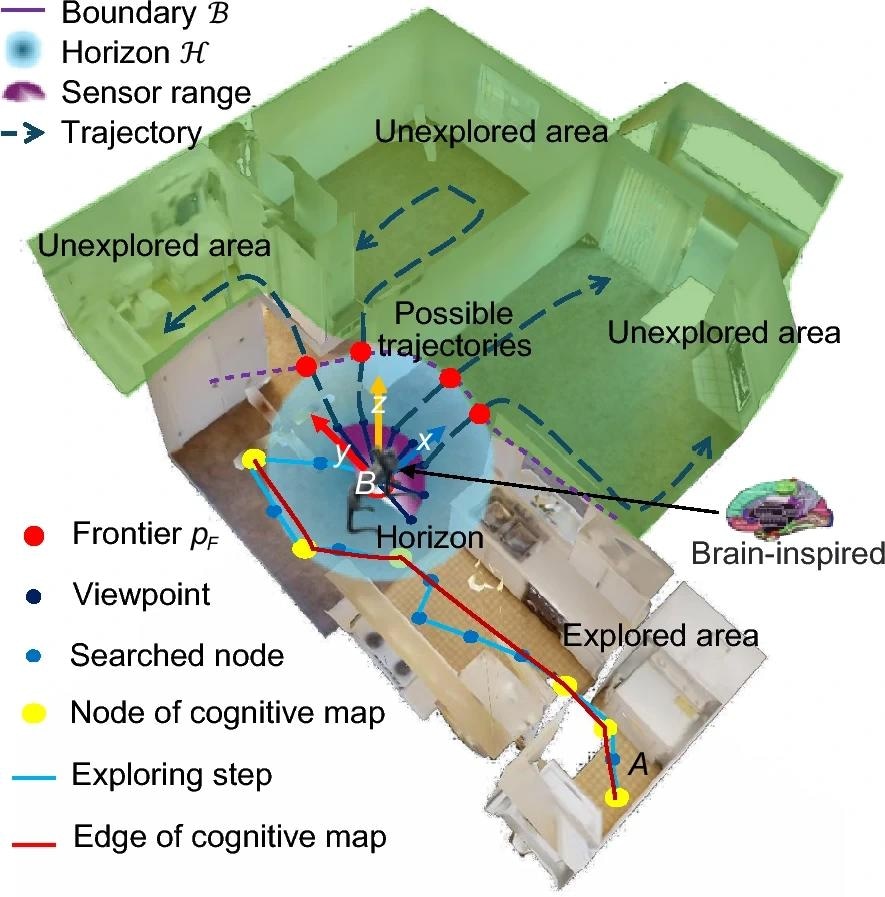 The expanding process diagram when a brain-inspired agent begins the autonomous exploring process and builds the experience map. This framework draws inspiration from the experience mapping structure that is built during the locomotion of both mammals and human beings. During a typical autonomous exploration shown in the figure, a brain-inspired agent employs a suite of sensors, including camera and Lidar, for the perceptual of its surroundings