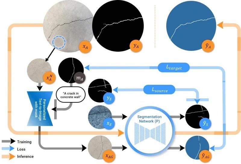 This is a training structure for a crack segmentation model using a generative AI approach. This method enables the detection algorithm to adapt to new environments.