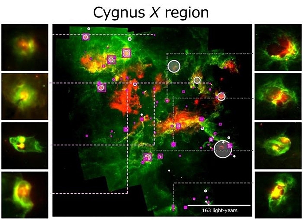 The images on the left show newly detected bubble-like structures, while the images on the right show the bubble-like structure detected in this study and previous studies. By using wavelengths of 8 μm (green) and 24 μm (red), it is possible to detect the bubble structures created by the formation of high-mass stars. Image Credit: Osaka Metropolitan University