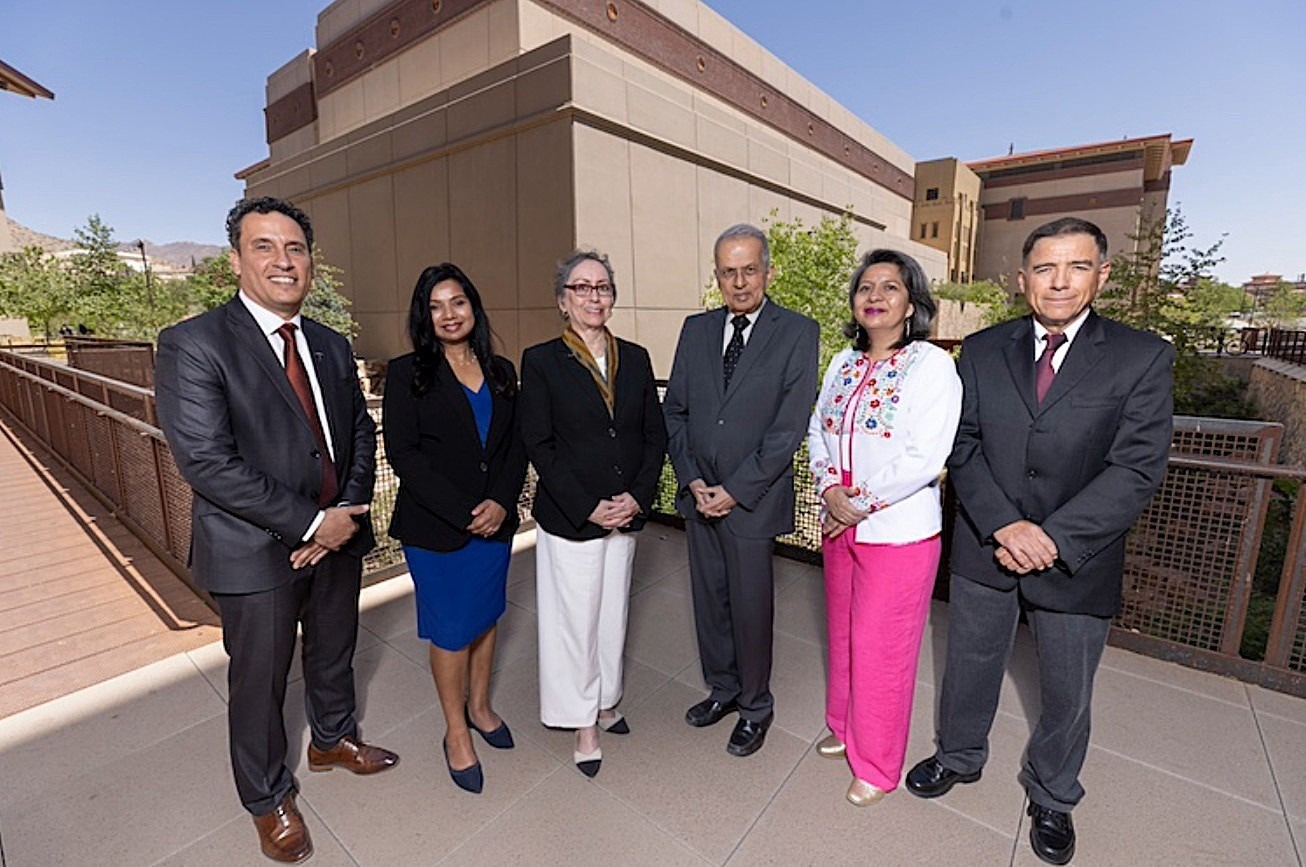 UTEP has launched the AI Institute for Community-Engaged Research (AI-ICER), an interdisciplinary think tank designed to leverage artificial intelligence technologies to address pressing regional and national challenges. The institute’s leadership includes (from left to right): Salamah Salamah, Ph.D., UTEP associate vice president for scientific computing and artificial intelligence; Thenral Mangadu, M.D., M.P.H., Ph.D., associate vice president for interdisciplinary research; Ann Gates, Ph.D., senior advisor to the provost for strategic STEM initiatives; Amar Gupta, Ph.D., research scientist at MIT’s Computer Science and Artificial Intelligence Laboratory; Natalia Villanueva Rosales, Ph.D., UTEP associate professor of computer science; and Olac Fuentes, Ph.D., professor of computer science.
