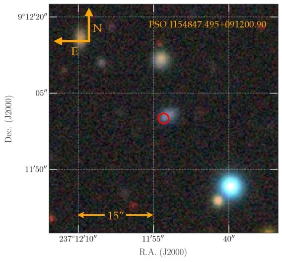 grz-band color image of the explosion site of SN 2023zkd from the Dark Energy Camera Legacy Survey (DECaLS) Data Release 9 (A. Dey et al. 2019). The SN location is denoted by the red circle with radius 1″, and the image scale is given in the bottom left. The host galaxy at image center is PS0 J154847.495+091200.90, with a spectroscopic redshift of z = 0.0560 ± 0.0002.