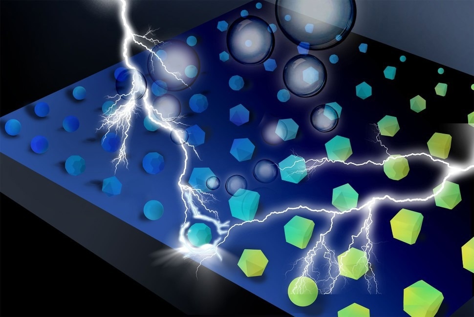 New material rivals iridium for water splitting reaction at a fraction of the cost. Image by Jin Huang and Siyuan Z. Image Credit: Northwestern University