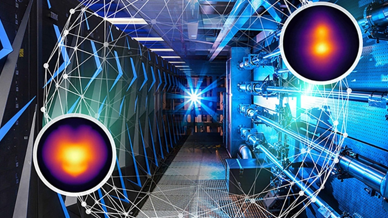 In a paper published in Science, Lawrence Livermore National Laboratory researchers detail how they used physics-informed deep learning and a cognitive simulation framework to forecast the success of the historic Dec. 5, 2022 fusion ignition shot, predicting a greater than 70% probability that it would exceed the energy breakeven point — producing more energy from the fusion reaction than the laser energy used to drive it. (Graphic: Tanya Quijalvo/LLNL) 