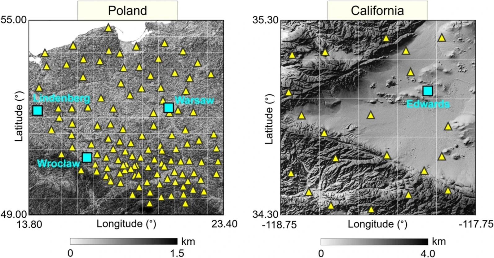 Spatial distribution of GNSS stations (triangles) and radiosonde stations (squares) on the topographic map of the study areas. White lines indicate the location of the tomography voxels