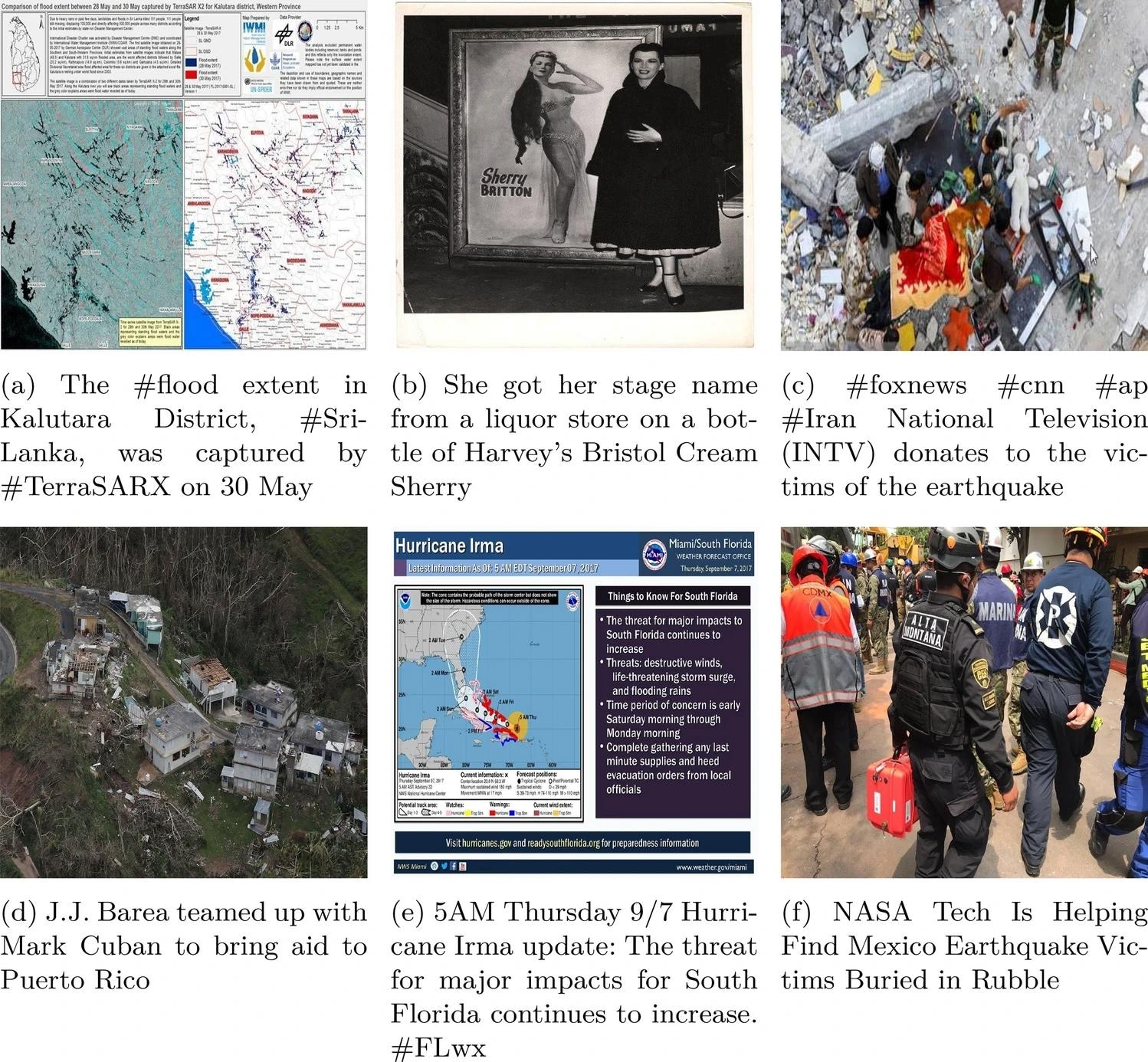 Example data from the CrisisMMD dataset, used to train Enabler agents across Scenario Levels 1, 2, and 3 corresponding to the following data categories: (a) Informative, (b) Not-informative, (c) Affected individuals, (d) Infrastructure/utility damage, (e) Other relevant information, and (f) Rescue/volunteering efforts. 