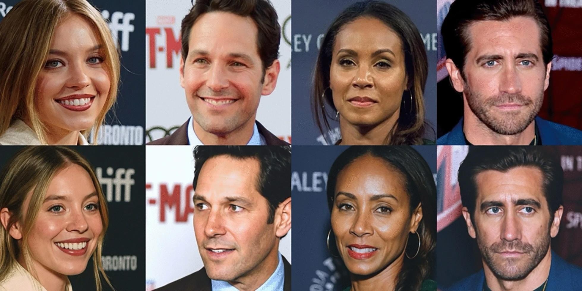 Example stimuli depicting matched image pairs from Experiments 2–4. Images are real (top row) and synthetic (bottom row). Image attributions (top row left to right): Jay Dixit (cropped); Red Carpet Report on Mingle Media TV (cropped); Dominick D (cropped); Toglenn (cropped). Photographs are from Wikimedia Commons (2025) (https://commons.wikimedia.org/)