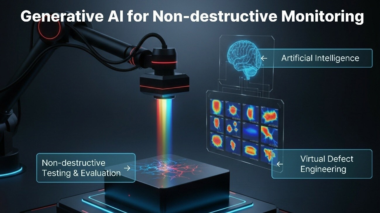 This illustration depicts a non-destructive evaluation system empowered by generative artificial intelligence (AI) to simulate and analyze internal material defects. Leveraging virtual defect engineering and advanced AI, the system supports high-fidelity ultrasonic imaging, and enables rapid, defect-aware diagnostics without causing damage. This addresses data scarcity and enhances reliability in modern industrial applications.