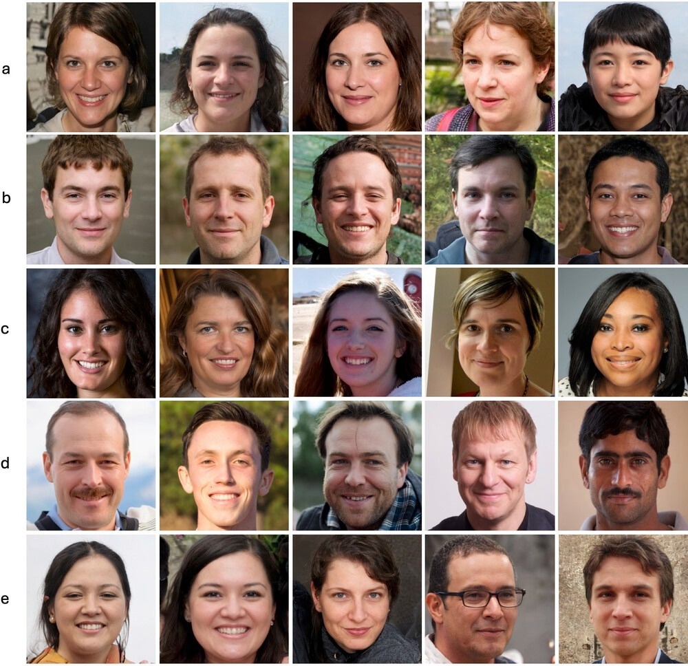 Example stimuli. Female synthetic faces (a), male synthetic faces (b), female real faces (c) and male real faces (d). The final row (e) contains some of the synthetic images used in the training task, each of which has rendering artefacts that were highlighted to participants. For example, the first image has hair that is poorly rendered, and the second image has three, rather than four incisors.