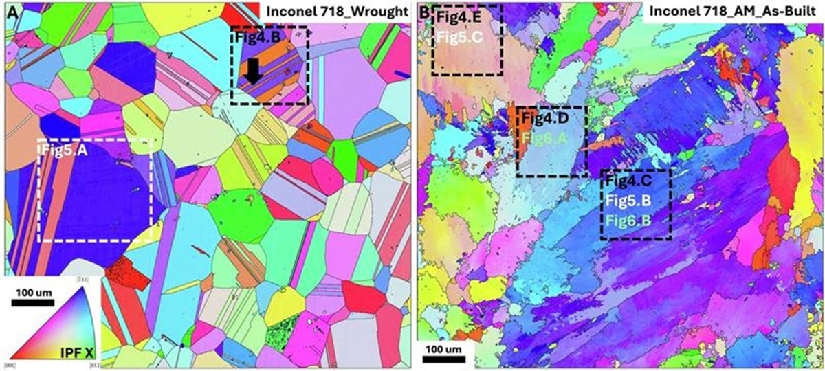 Electron backscatter diffraction (EBSD) maps of the investigated Inconel 718 alloys. Inverse pole figure (IPF) maps along the X direction (horizontal) are presented for a A wrought and fully recrystallized 718 alloy, and a B additively manufactured as-built 718 alloy. Image Credit: Grainger College of Engineering