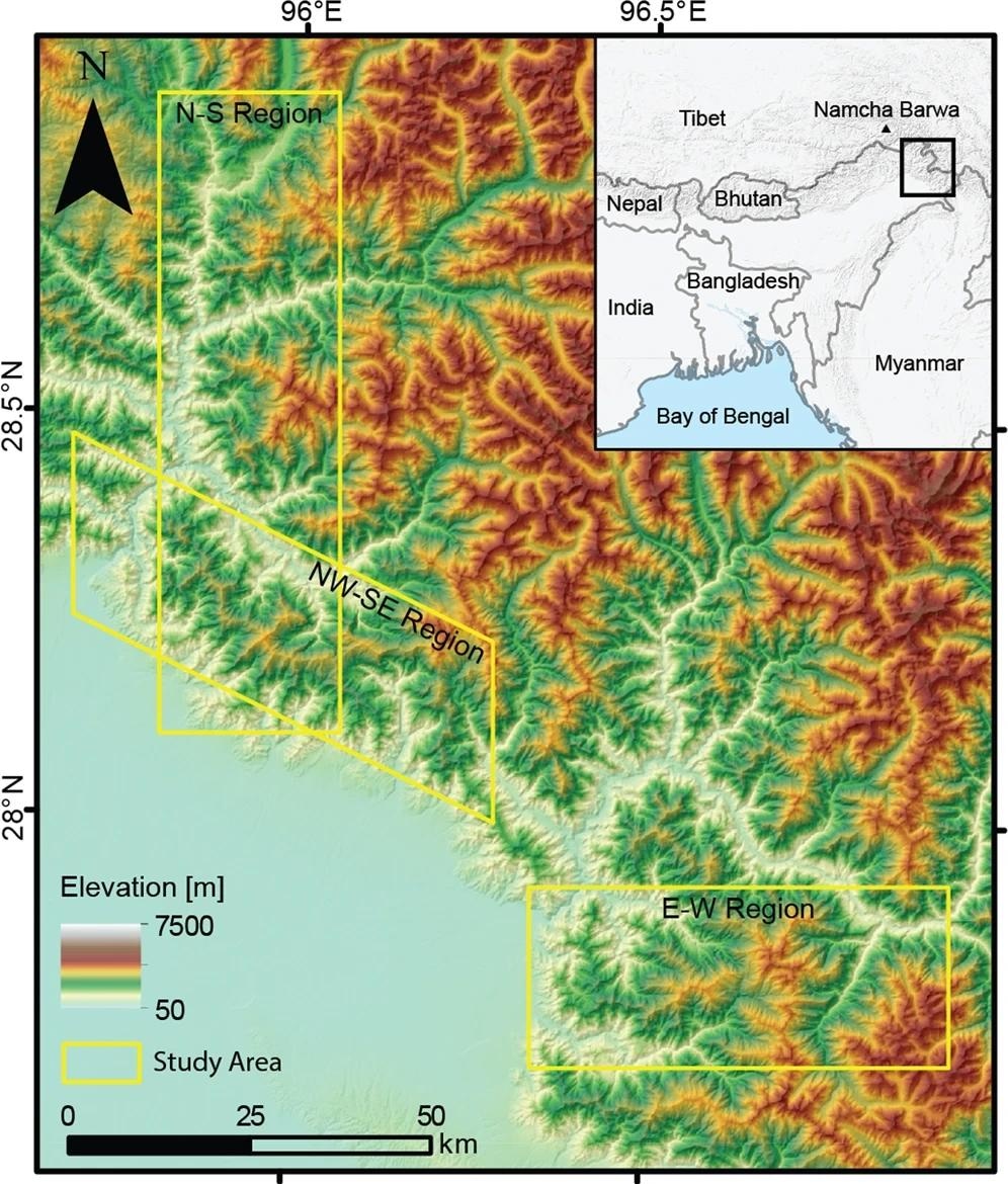Colors represents the elevation, and yellow boxes indicate our N-S (Dibang), NW-SE (range front), and E-W (Lohit) oriented study regions. The inset map shows the eastern Himalayan region with our study area shown in a black box and national borders shown in dark gray lines.