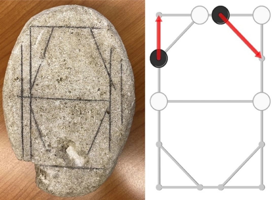The possible gameboard with pencil marks highlighting the incised lines. Lines, indicating how pieces may have been moved along them to play the game. Image Credit: Walter Crist.